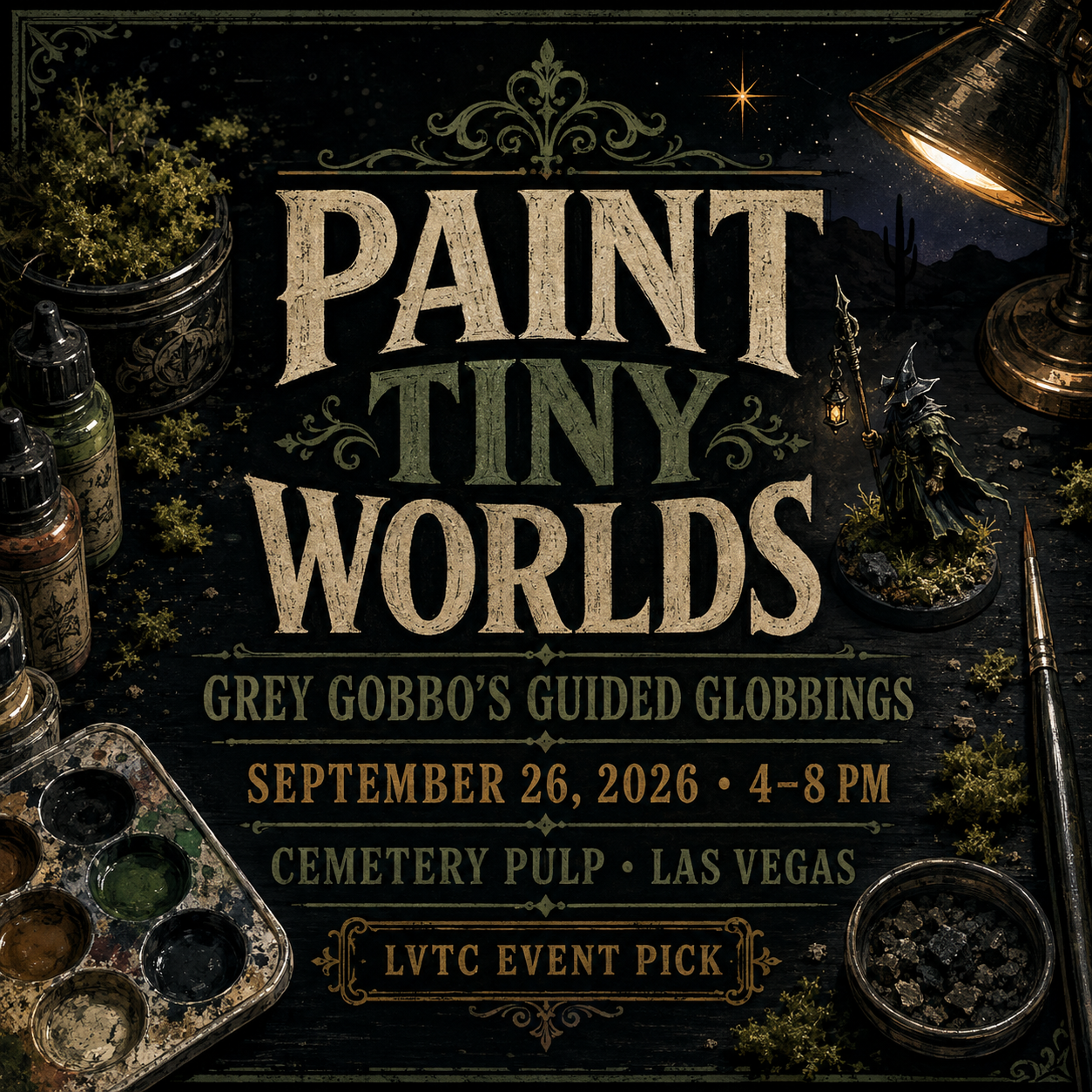 Original LVTC editorial artwork for Grey Gobbo's Guided Globbings miniature-painting workshop at Cemetery Pulp